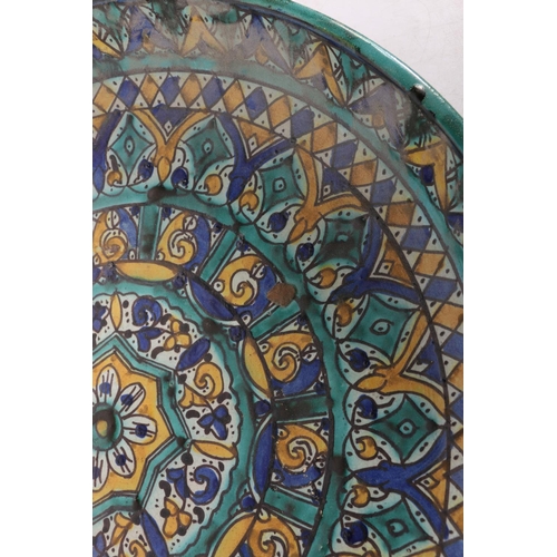 171 - Large Persian Iznik style pottery footed bowl with turquoise, blue and yellow geometric decoration, ... 