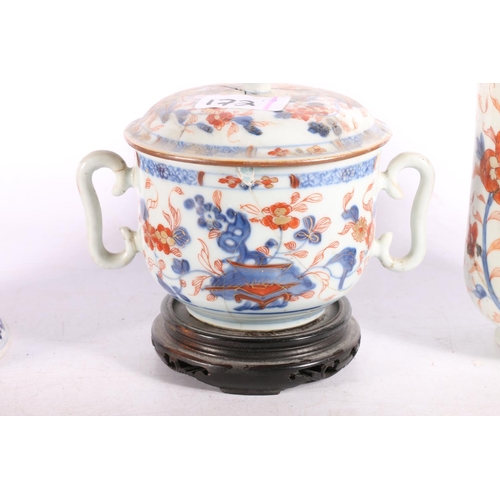 172 - Oriental porcelain lidded bowl with two handles, and two Chinese tankards.  (3)  (a/f)  #292