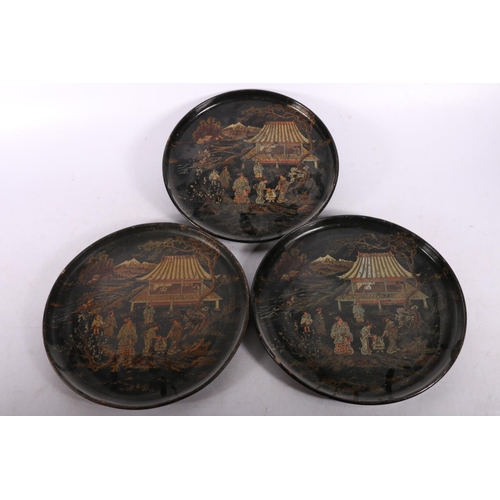 180 - Three Chinese circular lacquered trays, 30cm diameter. #424