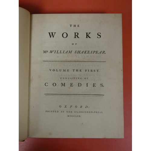 228 - SHAKESPEAR WILLIAM.  The Works of Mr. William Shakespear. 6 vols. Quarto. Late qtr. calf, ... 