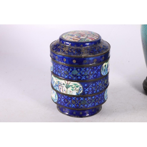 197 - Chinese cloisonné ware to include a circular triple section stacking tower with cover, 12cm high, an... 