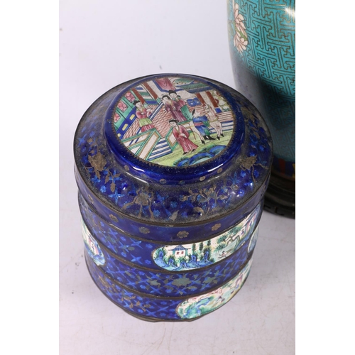 197 - Chinese cloisonné ware to include a circular triple section stacking tower with cover, 12cm high, an... 