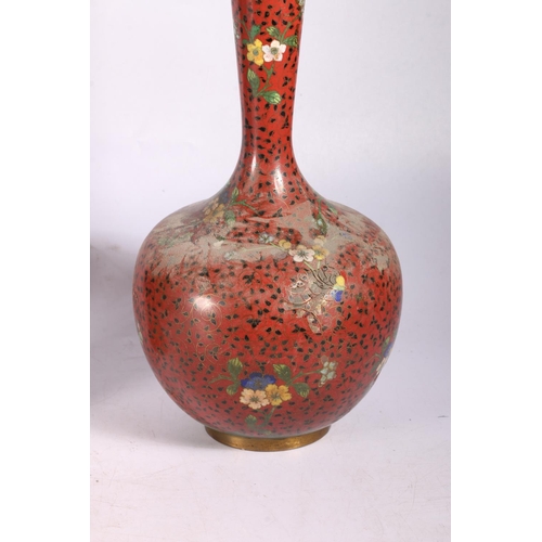 200 - Pair of Oriental cloisonné enamel bottle vases, 31cm high, a red ground cloisonné baluster vase and ... 