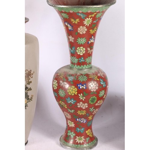 200 - Pair of Oriental cloisonné enamel bottle vases, 31cm high, a red ground cloisonné baluster vase and ... 