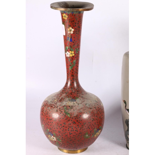 200 - Pair of Oriental cloisonné enamel bottle vases, 31cm high, a red ground cloisonné baluster vase and ... 