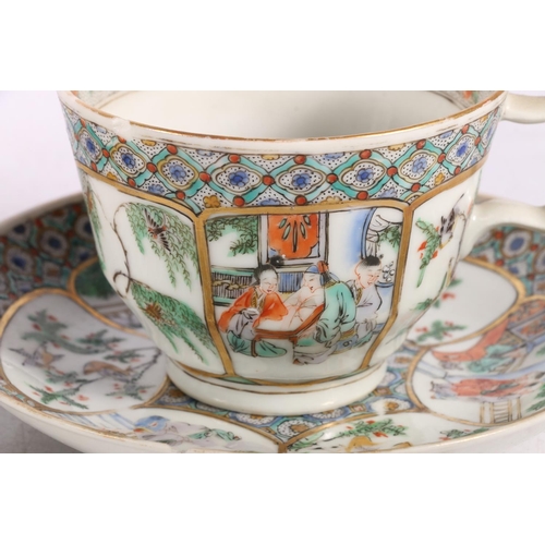 206 - Pair of Chinese Canton porcelain cups and saucers decorated with figures and birds in trees. (2) #59... 