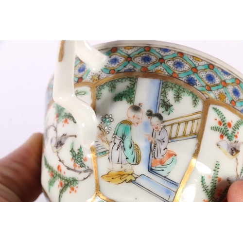 206 - Pair of Chinese Canton porcelain cups and saucers decorated with figures and birds in trees. (2) #59... 