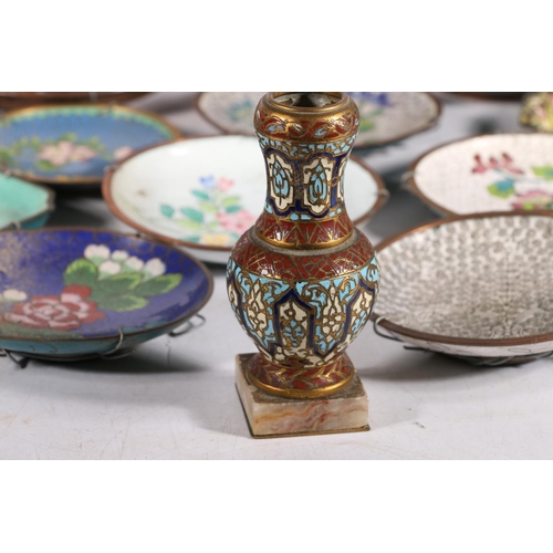 214 - Cloisonné enamel ware to include a pair of vases, 20cm high, five others smaller, numerous Chinese c... 