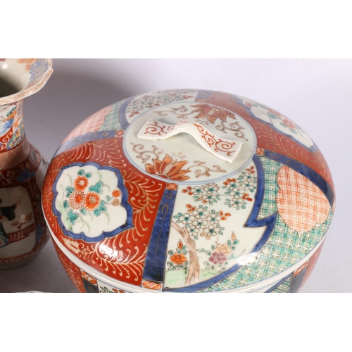 217 - Chinese Imari porcelain to include a lidded pot and cover, 25cm diameter, five vases, the largest 30... 