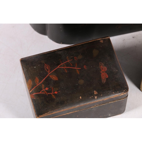 226 - Japanned black lacquered tea caddy decorated with birds on flowering branches, having two division i... 