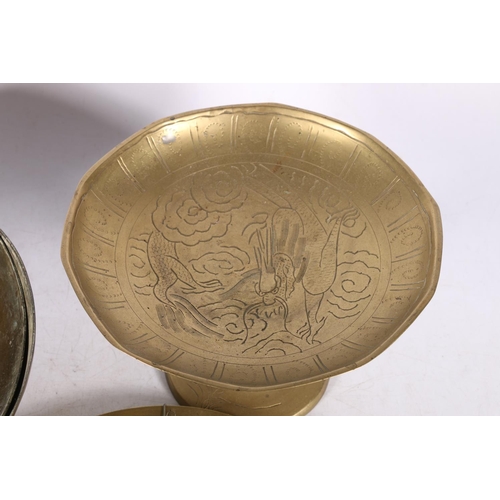 228 - Chinese bronze pedestal bowl decorated with incised dragon scene, 20cm diameter, a similar bowl, 23c... 