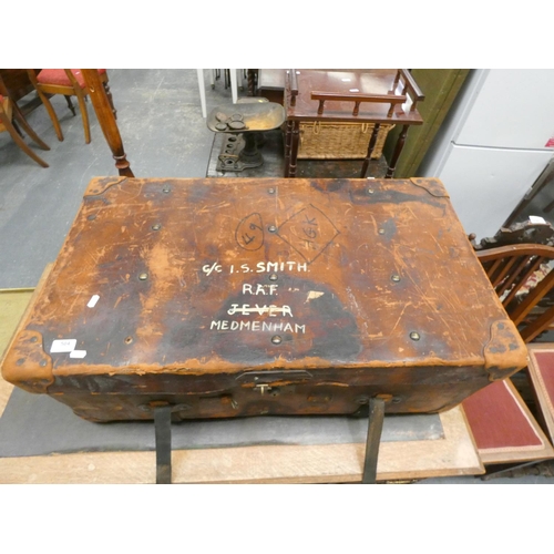 421 - Large antique leather travel trunk, G/C I. S. Smith, RAF.