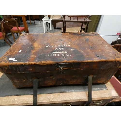 421 - Large antique leather travel trunk, G/C I. S. Smith, RAF.