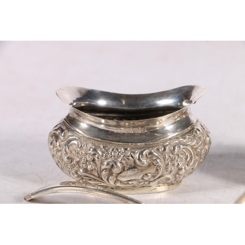 102 - Pair of Edwardian silver oval salts by Mitchell Bosley & Co., Birmingham 1905, 49g gross, also a... 