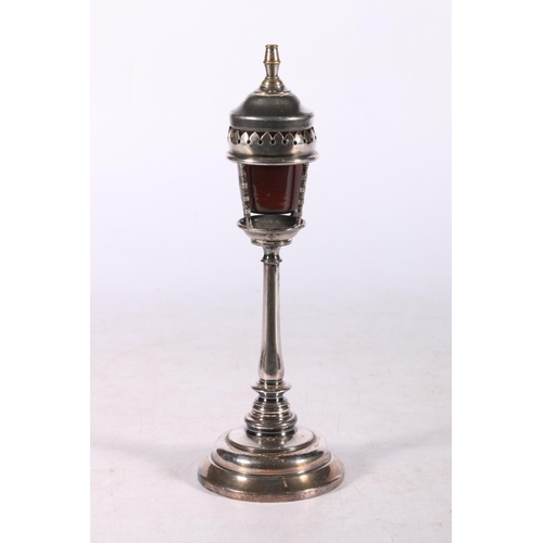 113 - 19th century silver-plated novelty vinaigrette in the form of streetlamp with ruby glass holder, 23c... 