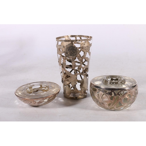 117 - Sterling silver clad spherical glass inkwell, and a Mexican silver beaker holder. (2)