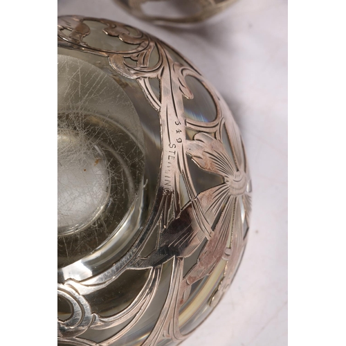 117 - Sterling silver clad spherical glass inkwell, and a Mexican silver beaker holder. (2)