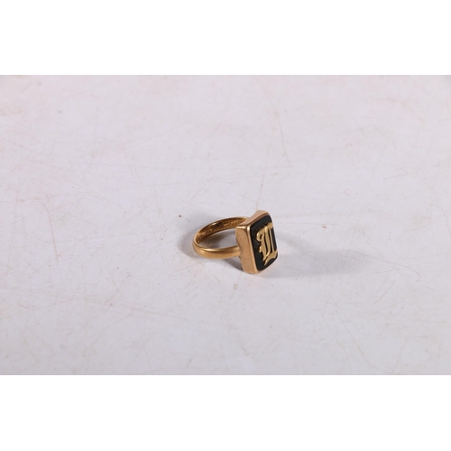 129 - 18ct gold signet ring, set with initials against black onyx, maker CRA, 3g gross. #368