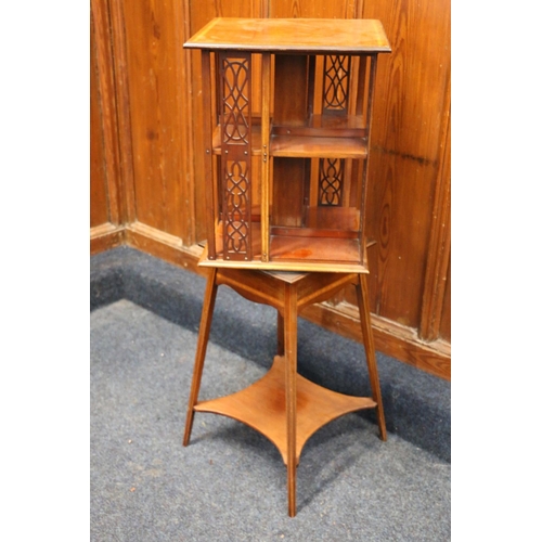 404 - Edwardian mahogany and satinwood banded revolving bookcase, raised on tiered stand with splayed squa... 