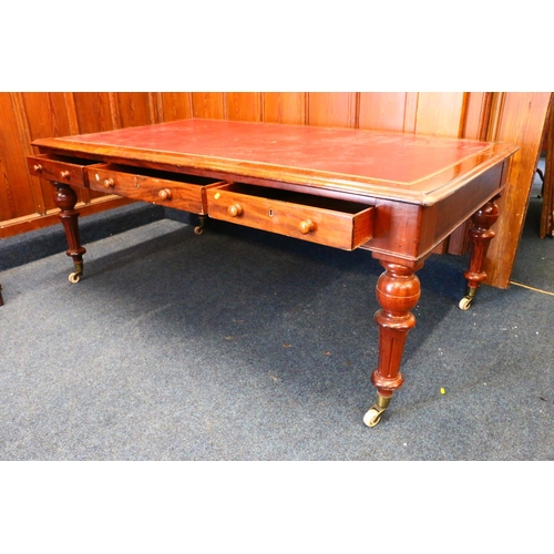 427 - Victorian flame mahogany library table or partners desk, the inset red leather skiver top with three... 