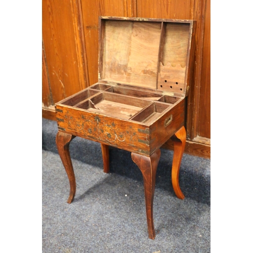 431 - Antique brass inlaid Indian hardwood sewing table raised on cabriole supports, 45cm long. #338