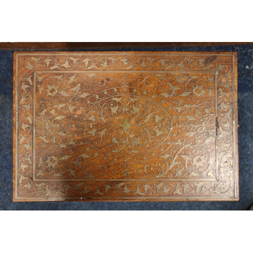 431 - Antique brass inlaid Indian hardwood sewing table raised on cabriole supports, 45cm long. #338