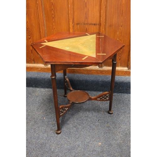 468 - Antique mahogany triangular triple flap envelope table, raised on circular supports terminating in b... 