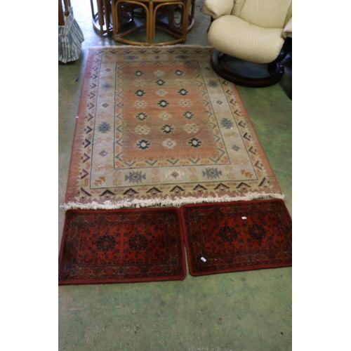 553 - Multi border fringed rug and two prayer mats.  (3)