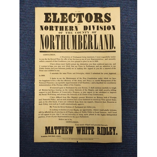 205 - NORTH NORTHUMBERLAND ELECTION, 1865.  Broadsheet poster, Matthew White Ridley's declaration of his c... 