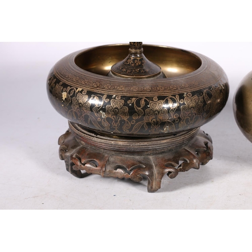 240 - Persian bronze rosewater bottle vase, 33cm high, an Indian brass shallow bowl on stand, a similar bo... 