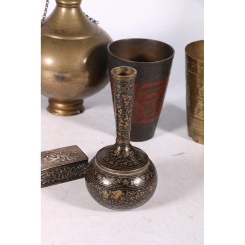 240 - Persian bronze rosewater bottle vase, 33cm high, an Indian brass shallow bowl on stand, a similar bo... 