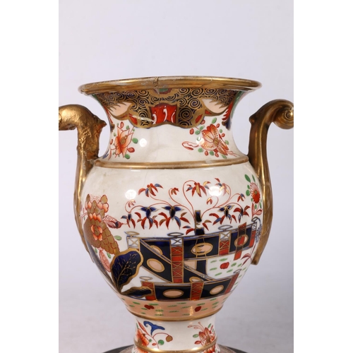 255 - Pair of Spode ceramic vases of campagna urn shape, decorated in Imari palette, red painted marks to ... 