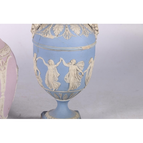 258 - Pair of Wedgwood blue jasper ware urns, 23cm high, and an antique jasper ware jug with lilac ground ... 