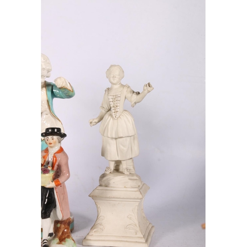 263 - Porcelain figure of a boy with a dog, 22cm high, a pair of white glazed figural candlesticks and fou... 