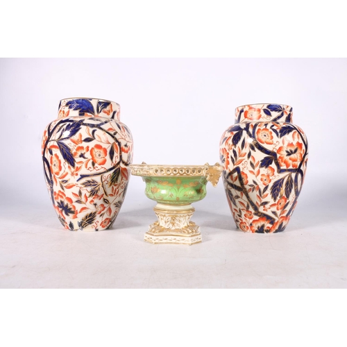 274 - Pair of Derby vases decorated in the Imari palette, 18cm high, and a Derby pastille burner, 9cm high... 