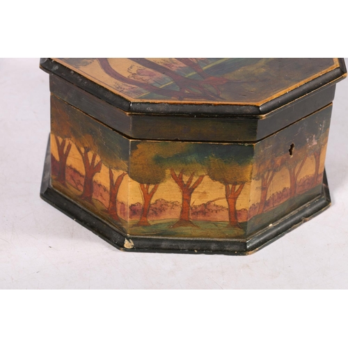 280 - Art Nouveau style pen work treen box of octagonal section, decorated with orange tree and lake scene... 