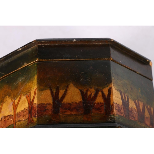 280 - Art Nouveau style pen work treen box of octagonal section, decorated with orange tree and lake scene... 