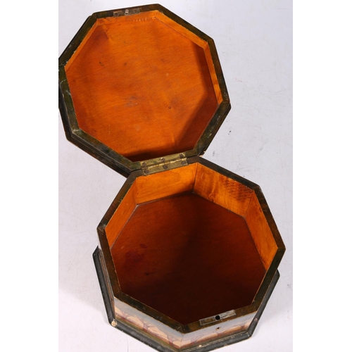 280 - Art Nouveau style pen work treen box of octagonal section, decorated with orange tree and lake scene... 