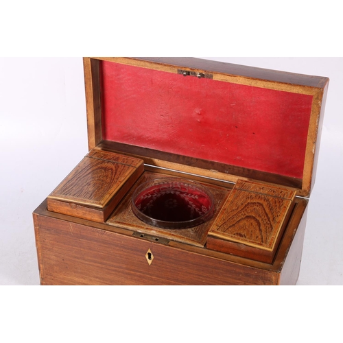 296 - 19th century mahogany and crossbanded tea caddy, the hinge top opening to reveal a fitted interior w... 