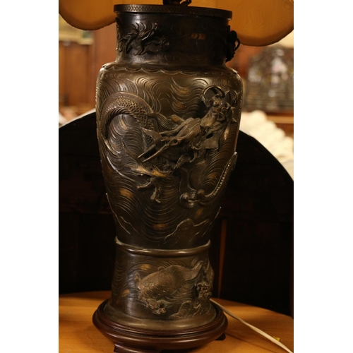 141 - Japanese bronze vase table lamp, relief dragon decoration, with yellow shade, 91cm high. #64