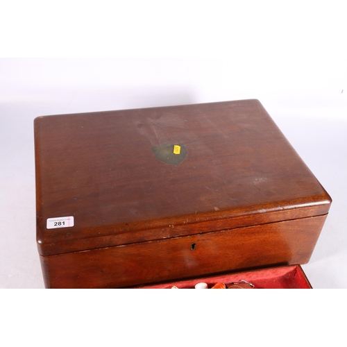 281 - Mahogany canteen box converted to a sewing box, with mirror to the interior and containing haberdash... 