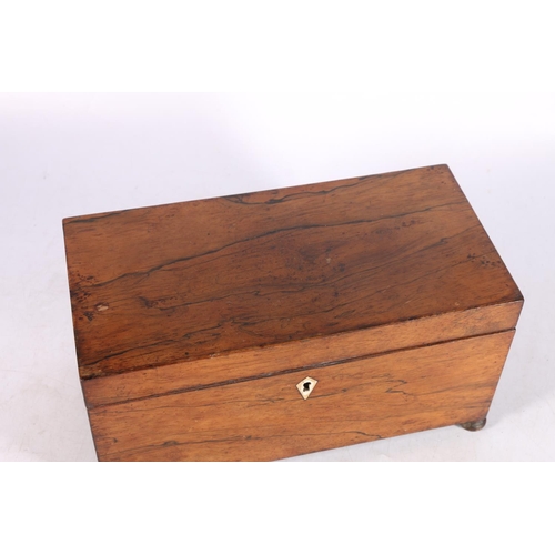 295 - Antique rosewood tea caddy, the hinge top opening to reveal interior with two tea cannisters and mix... 