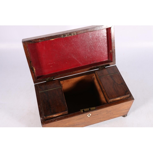 295 - Antique rosewood tea caddy, the hinge top opening to reveal interior with two tea cannisters and mix... 