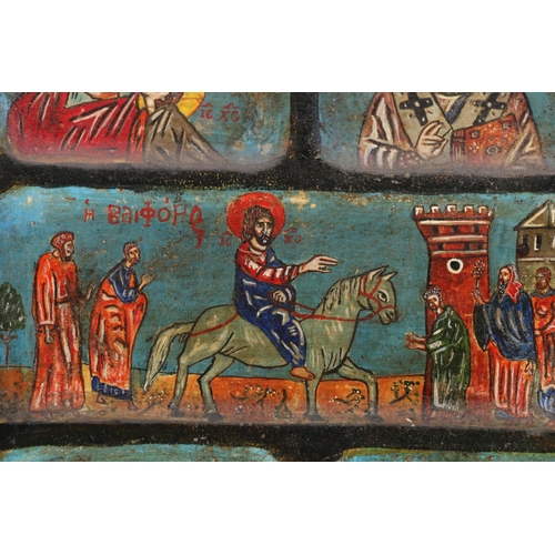 272 - Russian icon, a carved and painted panel with five scenes, 33cm x 25cm.  #280