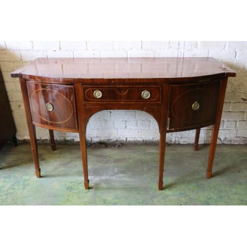 389 - 19th century mahogany and satinwood crossbanded bowfront sideboard, three frieze drawers, on boxwood... 