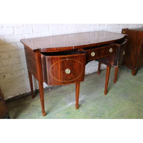 389 - 19th century mahogany and satinwood crossbanded bowfront sideboard, three frieze drawers, on boxwood... 