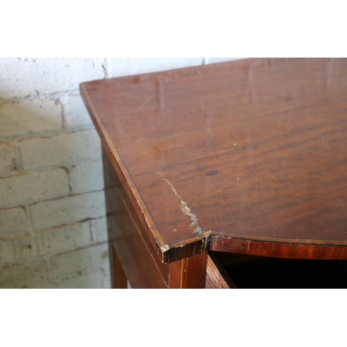 389 - 19th century mahogany and satinwood crossbanded bowfront sideboard, three frieze drawers, on boxwood... 