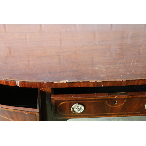 389 - 19th century mahogany and satinwood crossbanded bowfront sideboard, three frieze drawers, on boxwood... 