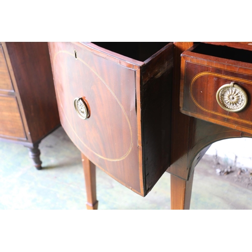 389 - 19th century mahogany and satinwood crossbanded bowfront sideboard, three frieze drawers, on boxwood... 