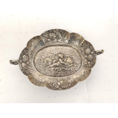 20 - Continental silver oval lobed dish with silver handles and embossed scene of a boy on a dolphin with... 